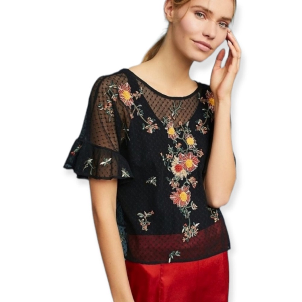 Anthropologie Floral Embroidered Top